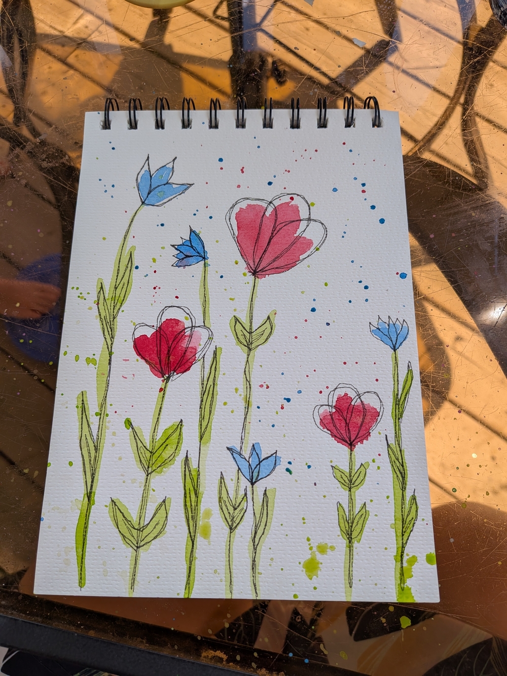 Handmade Floral Watercolor Sketch - Red & Blue Flowers